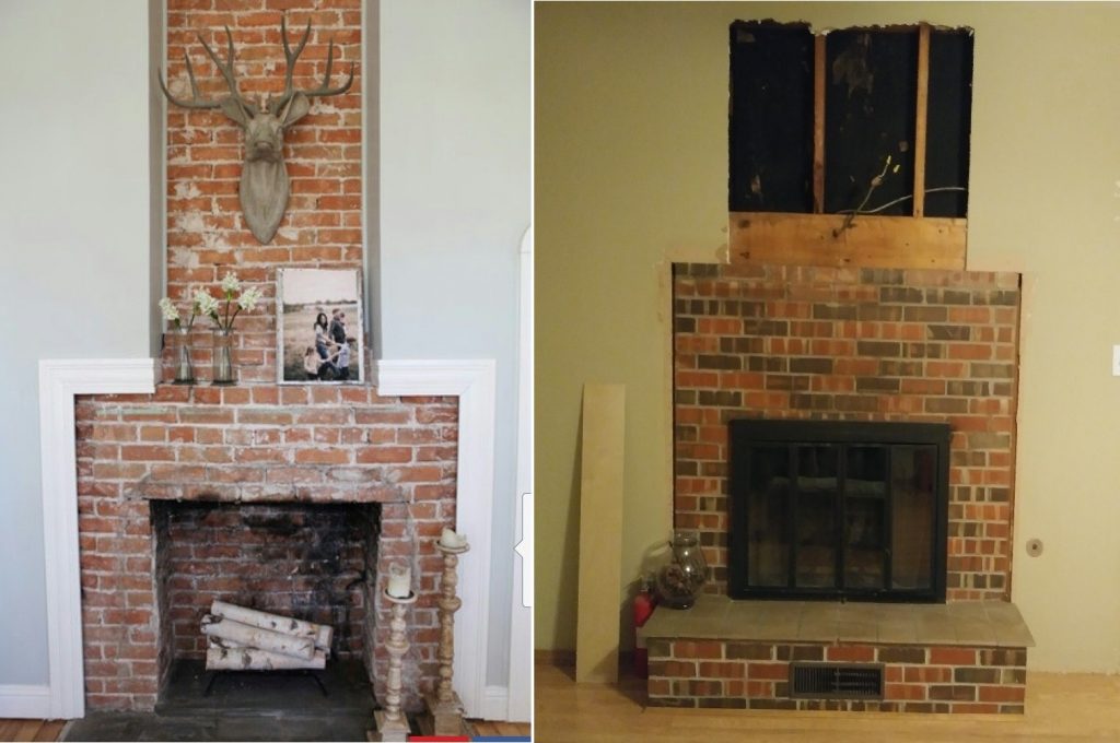 Two fireplaces side-by-side. The left is an example of brick to the ceiling. The right picture shows a fireplace with a header in place of a mantle. 